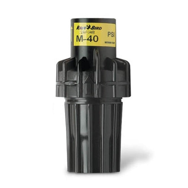 Rain Bird PSIM30X075 3/4-inch medium-flow inline pressure regulator with yellow label; 30 PSI preset; female 3/4" threads, compact ABS body.