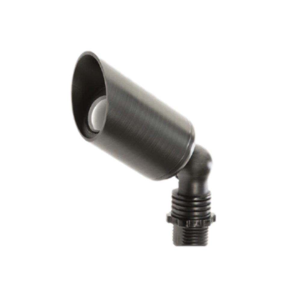 Antique-finish cast brass BUL2 up light shown with MR11 LED installed, adjustable knuckle and included ground stake visible.