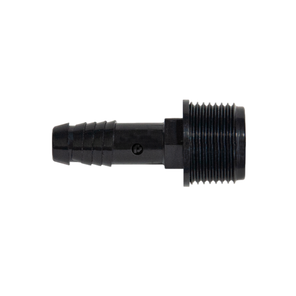 Pro-Trade PT-SPF-ADP75 acetal spiral barb adapter, 3/4 in. MIPT to 1/2 in. barb, close-up of barb profile and threaded connection