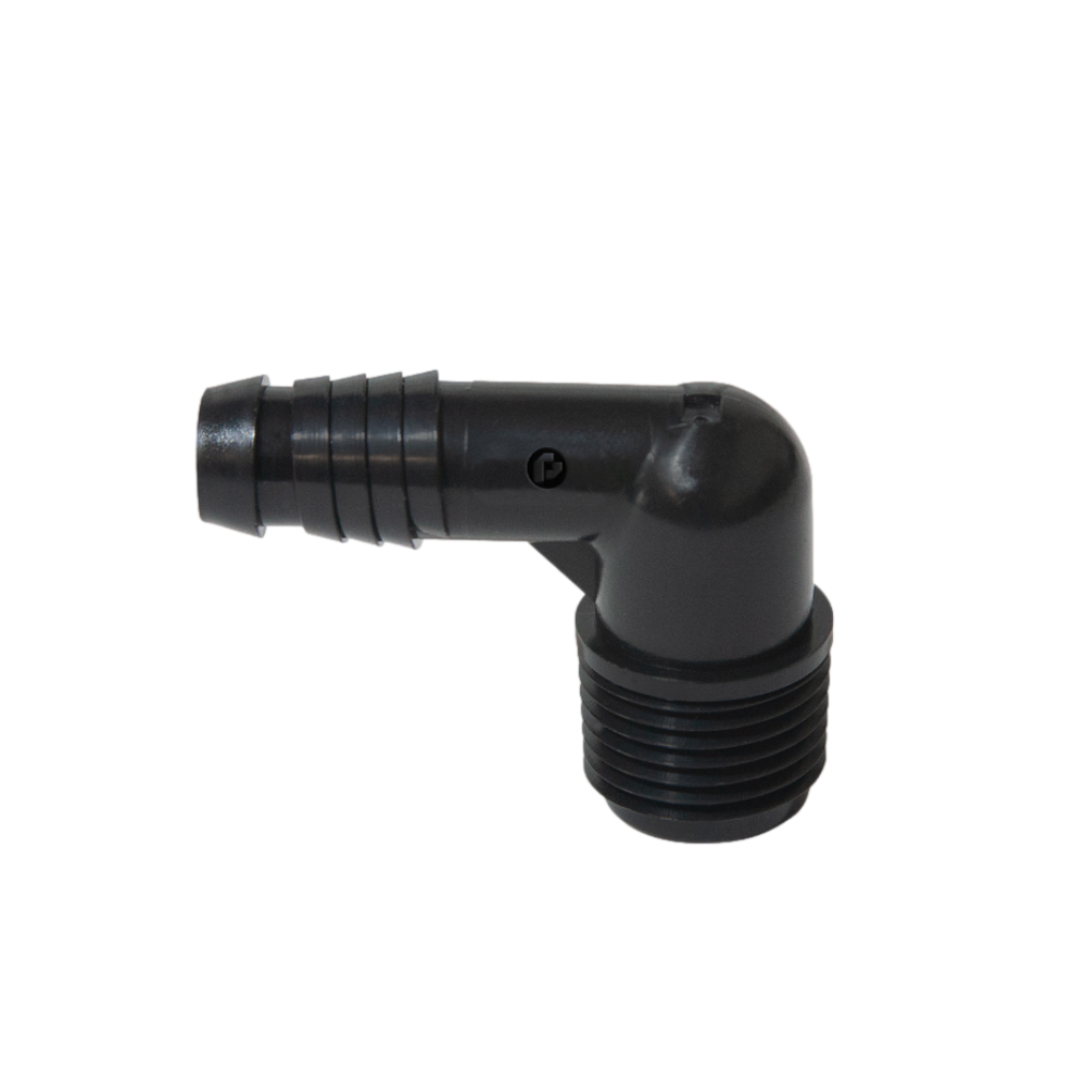 Pro-Trade PT-SPF-ELB50 spiral barb elbow (1/2 in MIPT x 1/2 in barb) shown on white background; close view of spiral barb ribs and male thread profile.