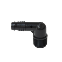 Pro-Trade PT-SPF-ELB50 spiral barb elbow (1/2 in MIPT x 1/2 in barb) shown on white background; close view of spiral barb ribs and male thread profile.