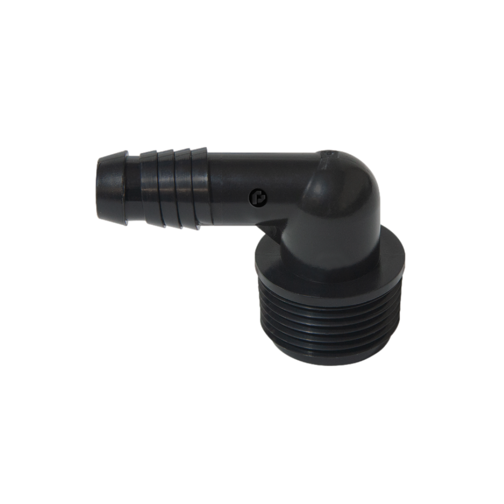 Pro-Trade PT-SPF-ELB75 spiral barb elbow (3/4 in MIPT x 1/2 in barb) shown on white background; single fitting, visible barb ribs and threaded end.