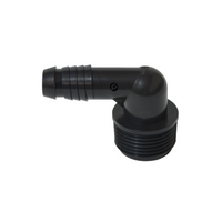 Pro-Trade PT-SPF-ELB75 spiral barb elbow (3/4 in MIPT x 1/2 in barb) shown on white background; single fitting, visible barb ribs and threaded end.