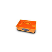 Orange Dawn KwikTote PT005 easy-carry parts tray made from HDPE, shown empty from top with molded handles and reinforced sidewalls.