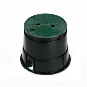 Rain Bird PVB10RND 10-inch round valve box showing black recycled body and overlapping green lockable lid with skid-resistant textured top.