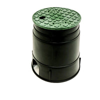 Front view of Rain Bird PVB6RND 6-inch round valve box; black body with overlapping green snap-in lid.