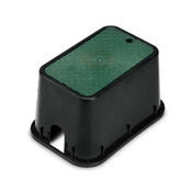 Rain Bird PVBMST 10-inch mini-stand valve box, black polypropylene body with overlapping green drop-in lid, angled top view.