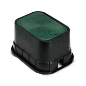 Rain Bird PVBSTD 12-inch valve box; black polypropylene body with drop-in green lockable lid, closed.