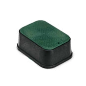 Rain Bird PVBSTDEXT 6-inch standard extension valve box with black body and overlapping green lid, top view showing closed lid and outer profile.