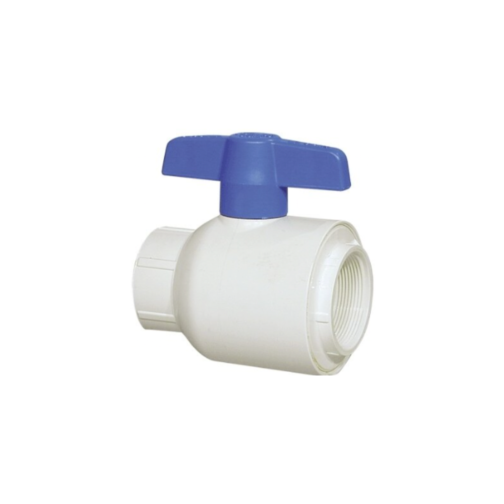 White Schedule 80 PVC 1-inch socket x socket ball valve with blue polypropylene handle and EPDM O-rings, side view.