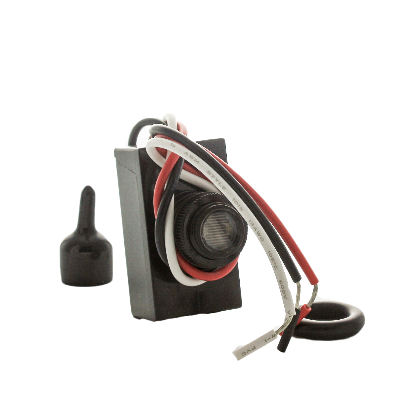 Front view of FX PX-PC PotenzaX black photocell showing threaded sensor housing, plug connection, and black weather-resistant finish, for PX transformers.