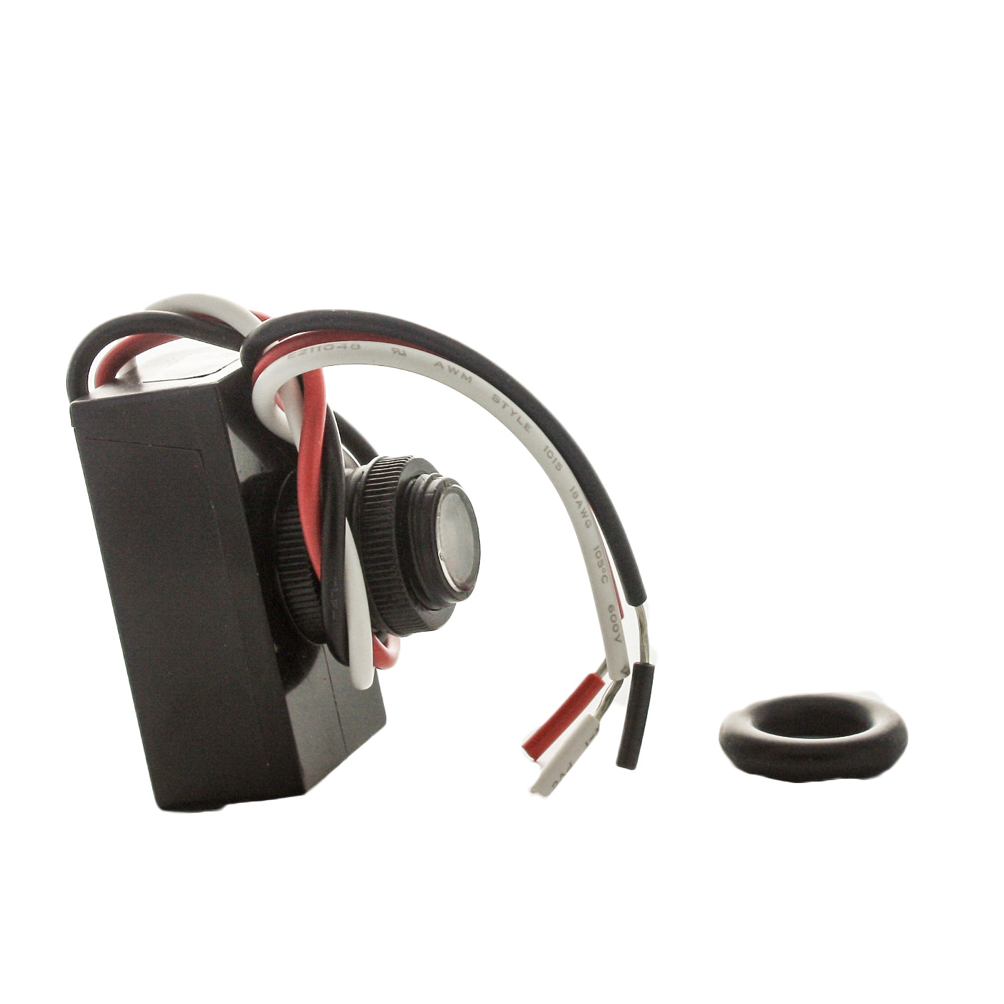 Close-up of the FX PX-PC PotenzaX black photocell sensor and housing, highlighting the weather-seal detail and mounting interface for PX series transformers.