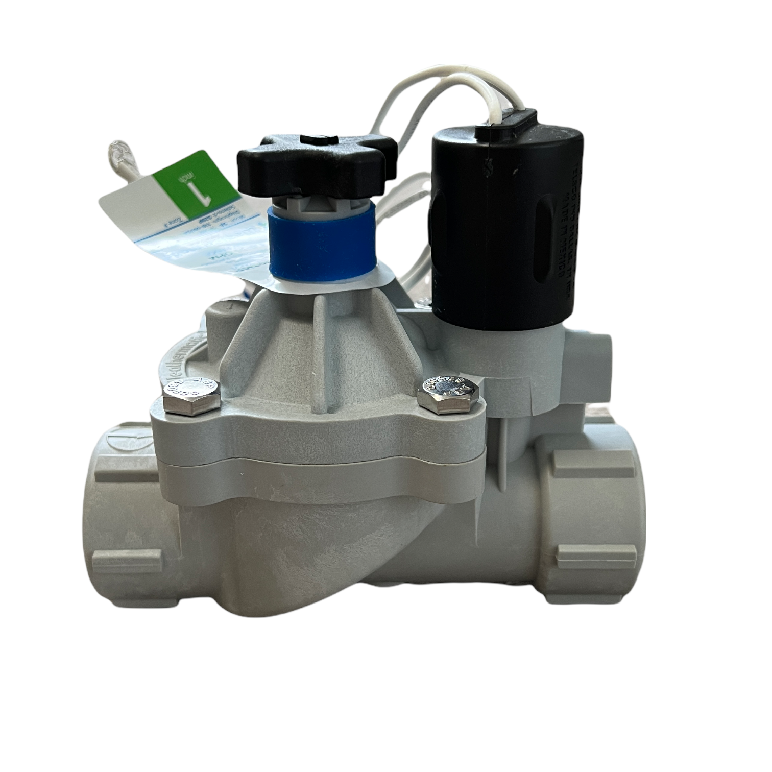 Front perspective of Weathermatic SB-10F-HP Silver Bullet 1-inch irrigation valve showing body, cover bolts, and solenoid assembly in neutral background, highlighting construction details and flow-control stem.