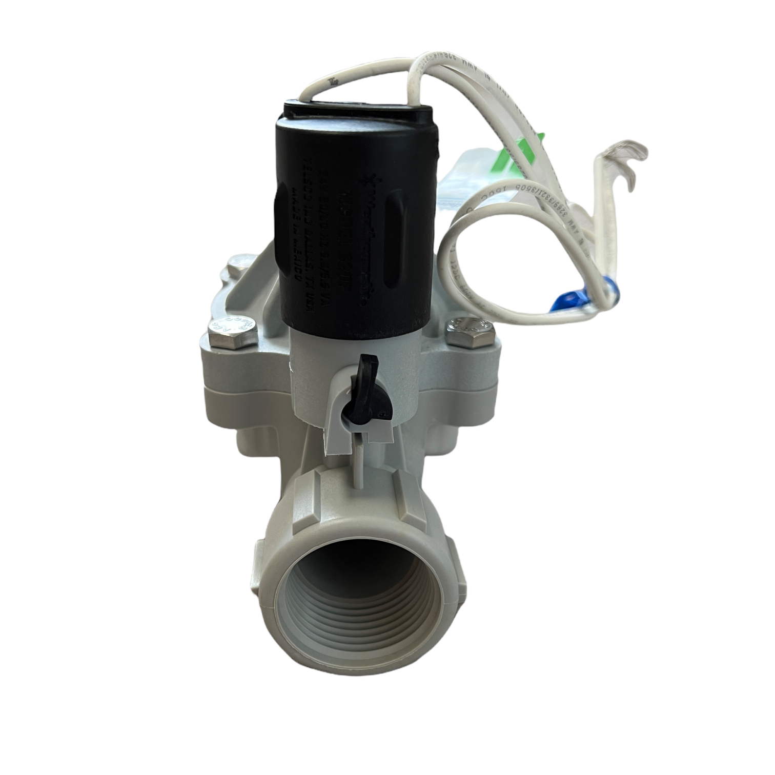 Weathermatic Silver Bullet SB-10F-HP valve side angle displaying the flow-control stem and body porting, useful for installers to identify model and connection orientation.