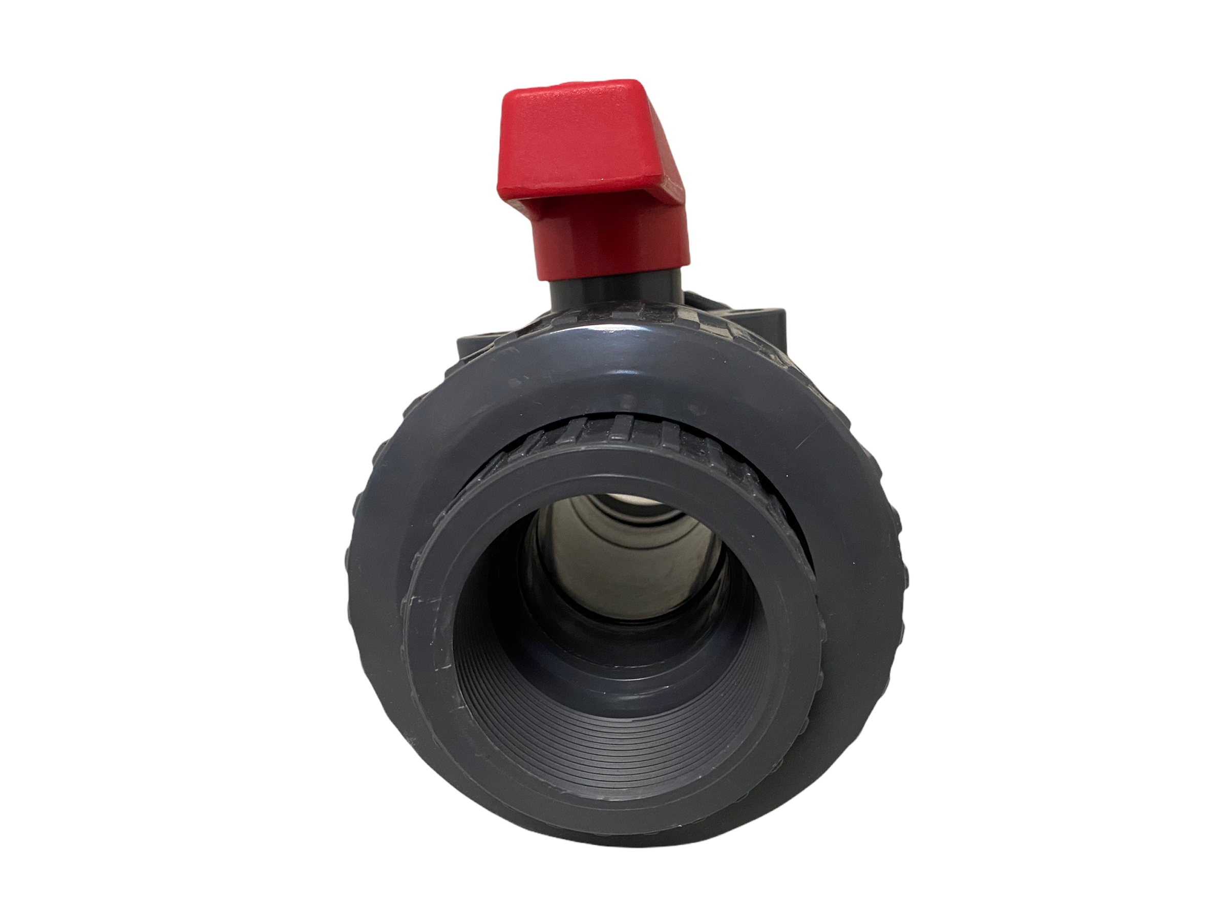 Side view of 2-inch Schedule 80 PVC true-union ball valve highlighting bayonet-style locks and union nut connection for easy service.