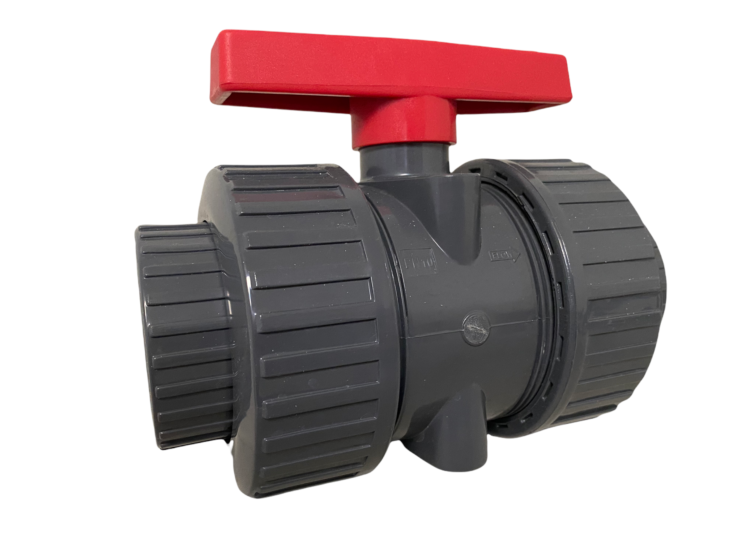 Close-up of the ITUV200SE union connector and valve body showing the full-port ball and EPDM/Viton stem o-ring area.