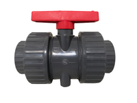 Top and rear angle of Schedule 80 PVC true-union slip ball valve displaying handle, union assembly, and socket slip ends.