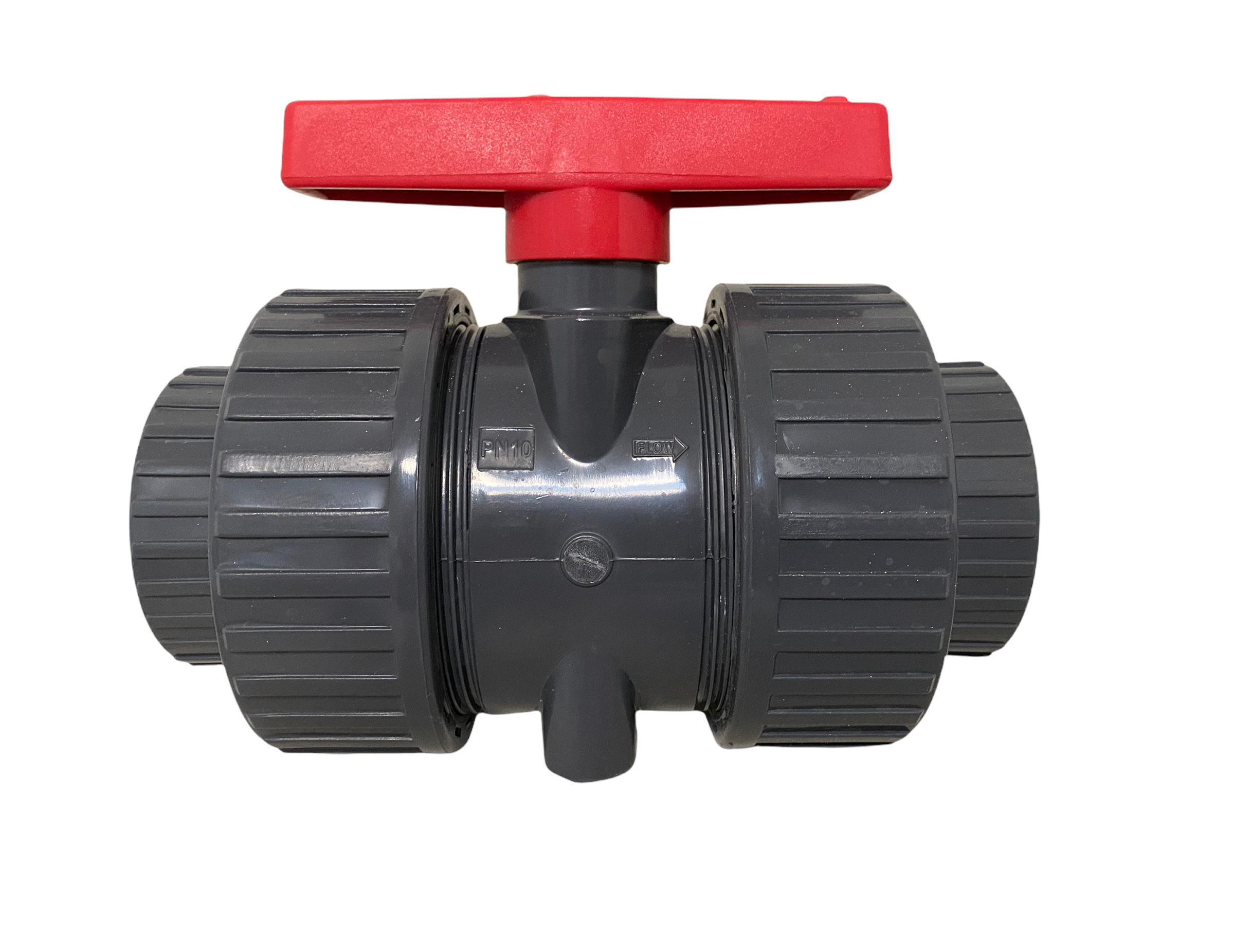 Top and rear angle of Schedule 80 PVC true-union slip ball valve displaying handle, union assembly, and socket slip ends.