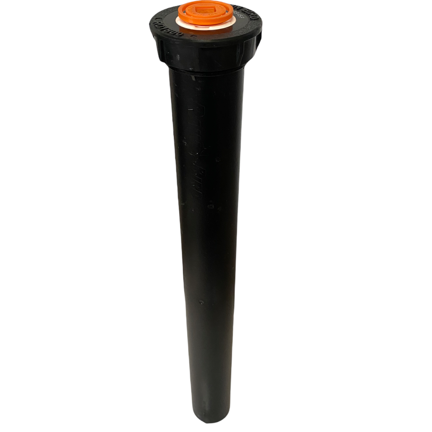 Front angled view of Rain Bird RD1800 RD12SP45F 12-inch SAM-PRS spray head showing riser and cap on white background, product detail image.