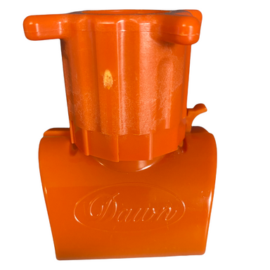 Front view of Dawn KwikTap KT012D tool‑less saddle tee for 1‑1/4" polyethylene tubing with 3/4" FPT outlet, showing top and outlet profile.