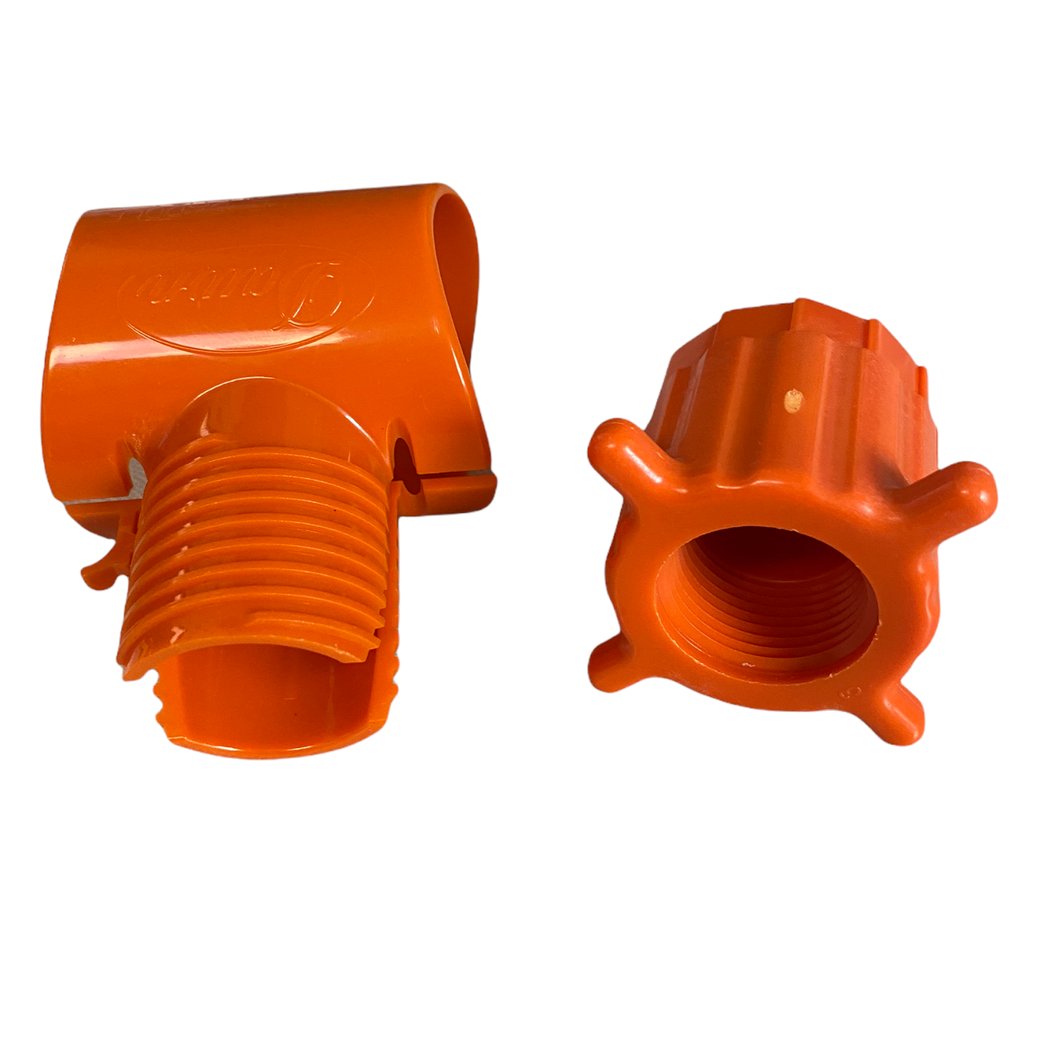 Angled side view of KT012D KwikTap saddle tee illustrating reinforced top design and lower ABS body for durable irrigation connections.