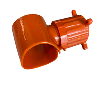 KT012D KwikTap saddle assembled on a 1‑1/4" polyethylene mainline (illustrative), highlighting tool‑free clamp‑free installation and seal.