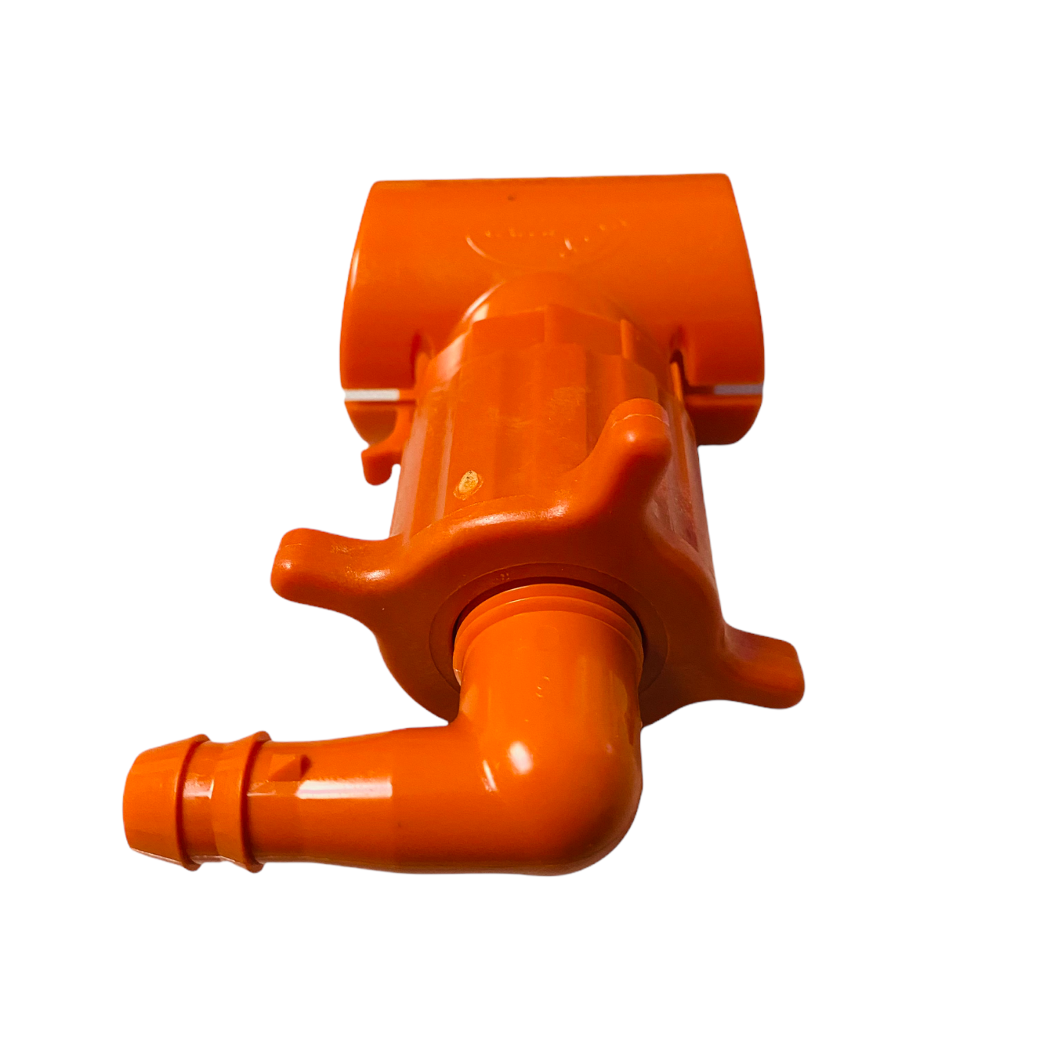 Close-up of the Dawn KwikTap saddle tee showing the swing elbow adapter and seating area for polyethylene pipe connection.