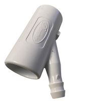 Close-up of the barb and spike interface on Dawn SY007 KwikSlip 3/4-inch PVC glue Y fitting, showing the spigot and hub connection geometry.