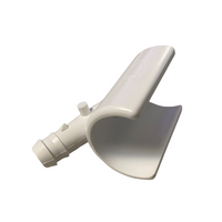 Side view of Dawn KSY-010 1-inch snap-on PVC saddle showing overall shape, outlet orientation, and tubing attachment point.