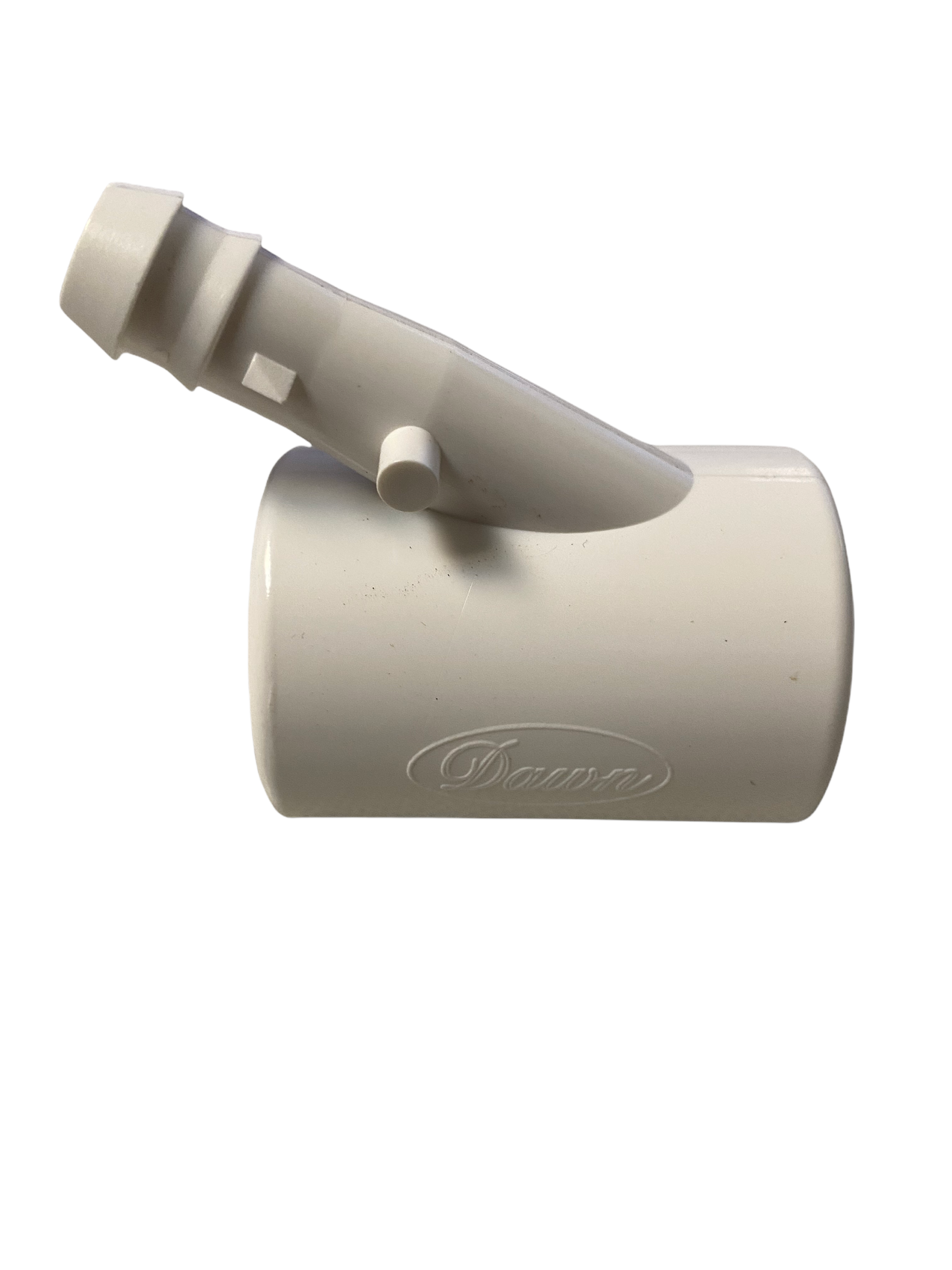 Front view of Dawn KSY-010 1-inch KwikSlip PVC glue-on snap saddle showing outlet, barb, spike, and snap-on profile for tubing connection.