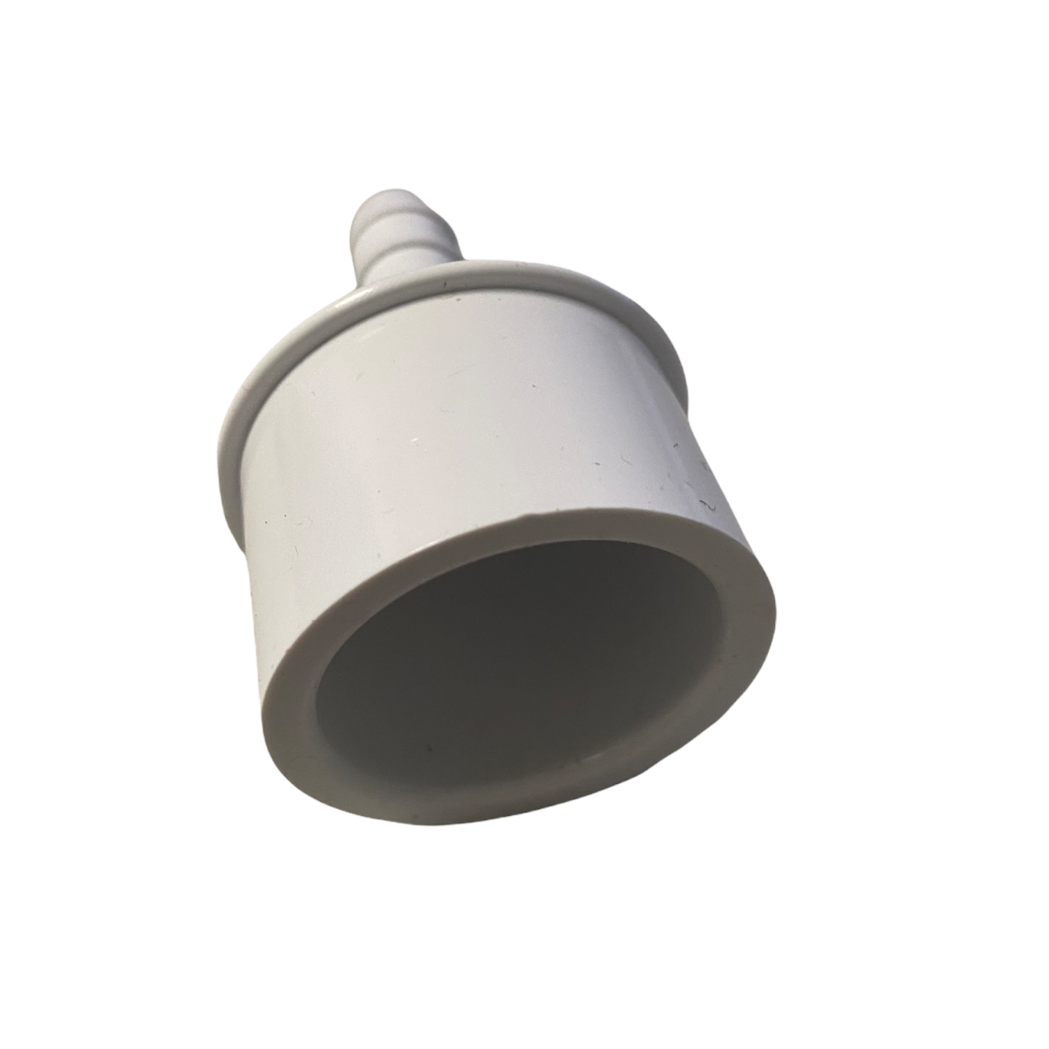 Angled close-up of the SC-168 PVC adapter detailing the spigot end, hub profile, and molded barb for swing/drip pipe.