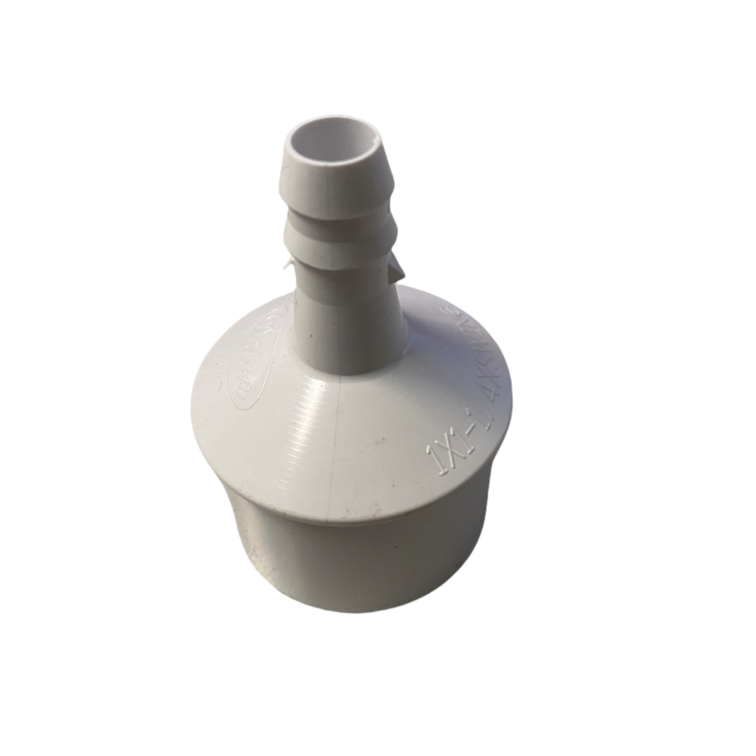 Front view of Dawn KwikSlip SC-168 PVC glue fitting (1-1/4" spigot x 1" hub) showing barb and spike connection features.