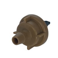 Angled view of Rain Bird PC05 pressure-compensating emitter highlighting self‑piercing barb inlet and compact UV-resistant plastic construction.