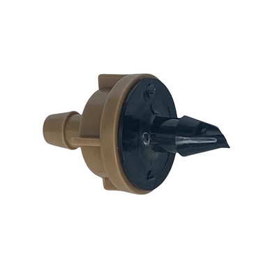 Front view of Rain Bird PC05 pressure-compensating drip module (5 GPH) in light brown, showing barb inlet and body details for installation.