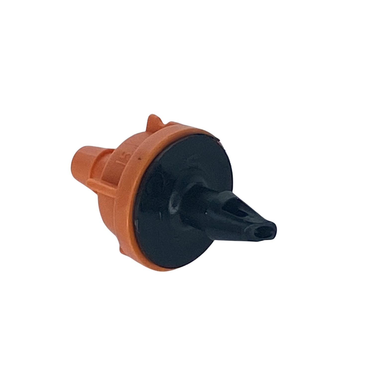 Top-down view of the Rain Bird PC24 pressure-compensating emitter highlighting compact, UV-resistant plastic construction and self-piercing barb detail.