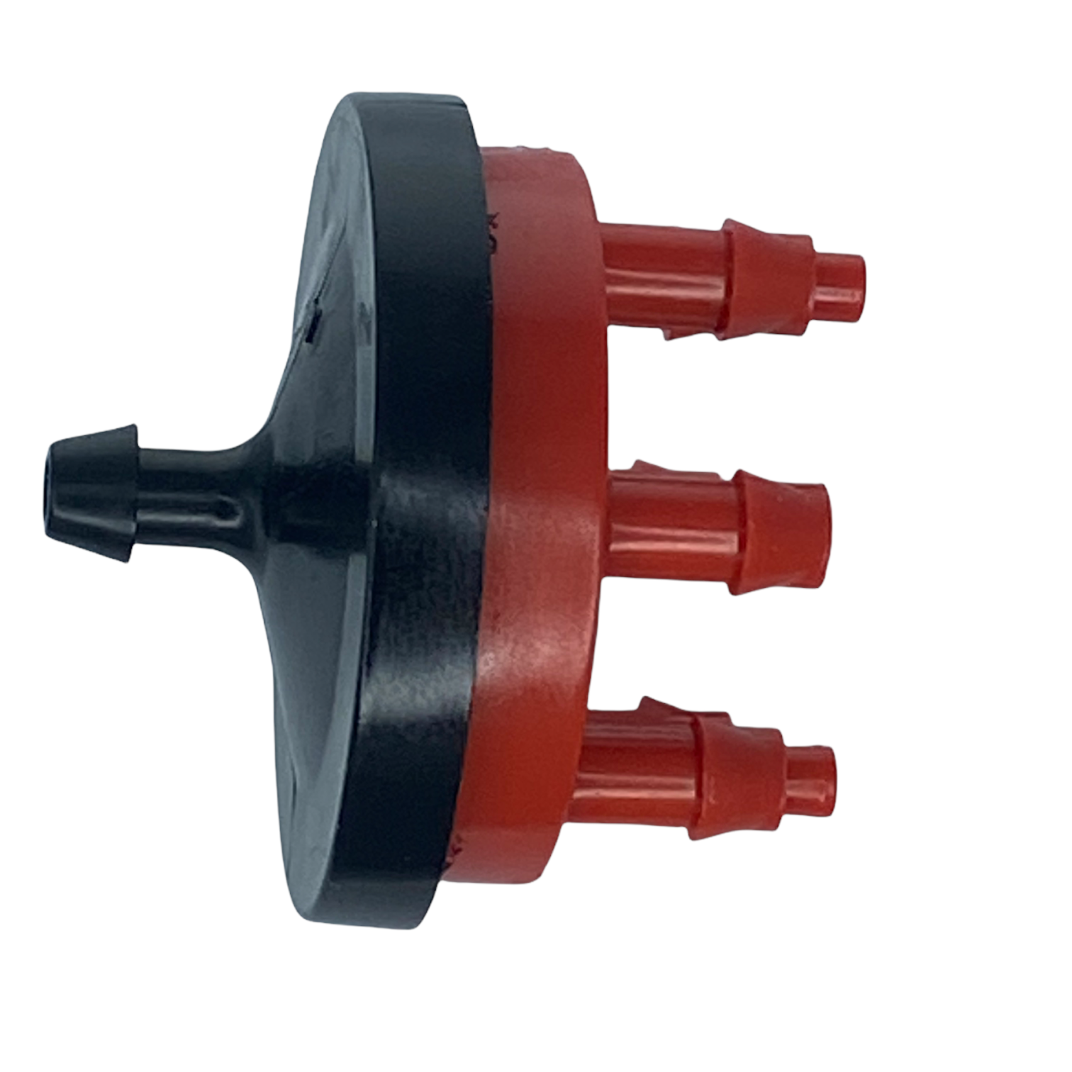 Red Rain Bird Xeri-Bug multi-outlet drip emitter showing six barbed outlet ports, compact pressure-compensating plastic housing, front view