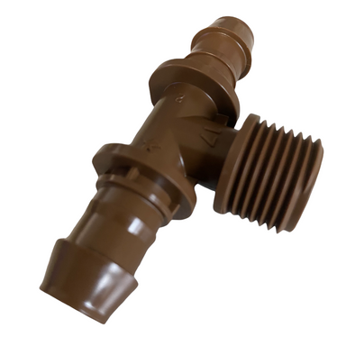 Top-angle close-up of the XF Tee Male Adapter (XFFTMA050) highlighting the barbed 17mm fittings and the low-profile body.