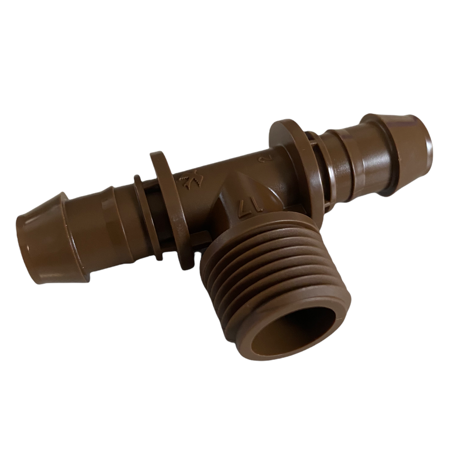 Side profile of Rain Bird XF Tee Male Adapter XFFTMA050 illustrating the tee shape, barbed connections and earth-tone finish.
