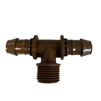 Front view of Rain Bird XFFTMA050 XF Tee Male Adapter showing two 17mm barbed ends and a 1/2-inch MPT threaded inlet for connection.