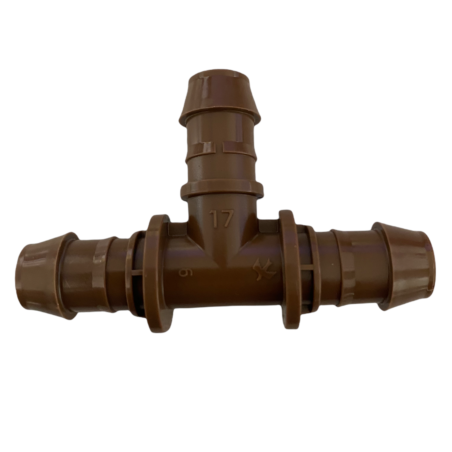 Front view of Rain Bird XFF-TEE 17mm barb tee showing three 17mm barbed outlets and center flange for insertion, brown landscape color.