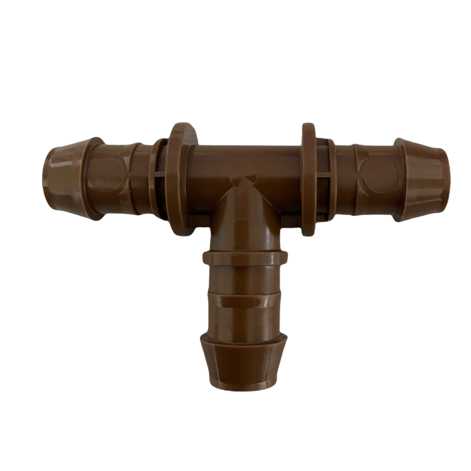 Scale comparison of XFF-TEE 17mm barb tee next to 17mm OD tubing, showing insertion fit and compatibility with XF Series dripline.