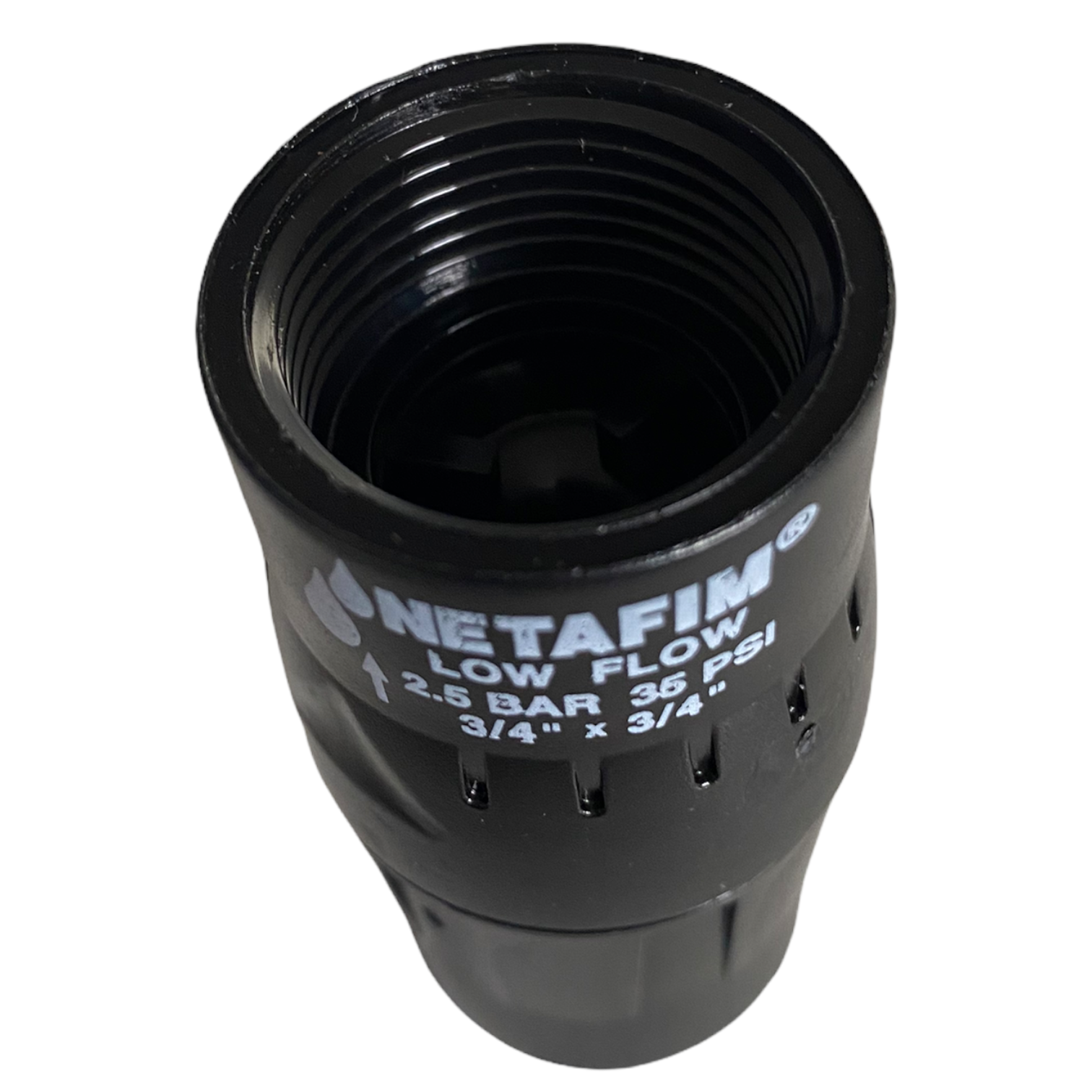 Angle view of Netafim PRV075LF35V2K pressure regulator illustrating compact inline design and replaceable sealed regulating module for field service.