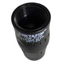 Angle view of Netafim PRV075LF35V2K pressure regulator illustrating compact inline design and replaceable sealed regulating module for field service.
