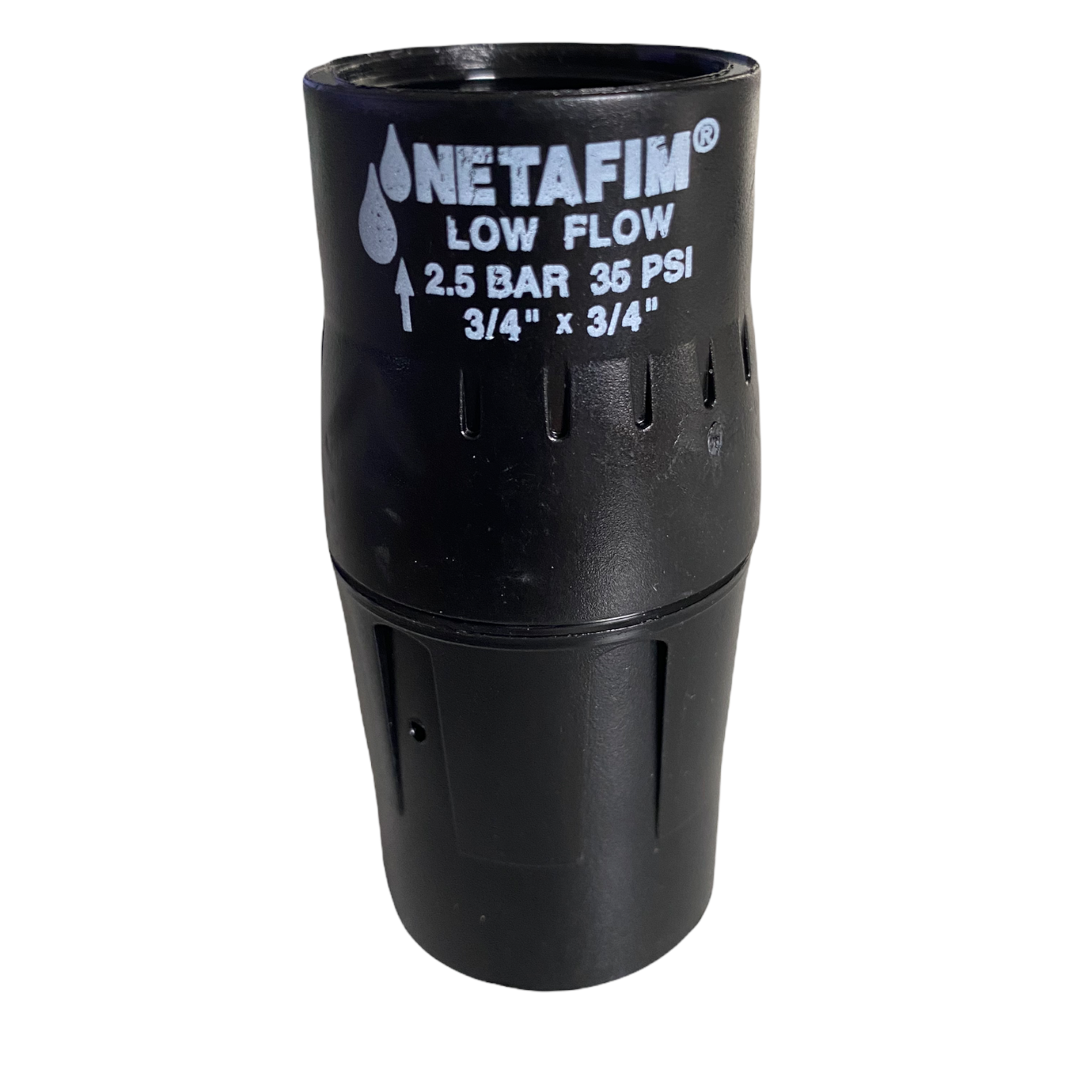 Netafim PRV075LF35V2K 3/4-inch low-flow inline pressure regulator, female threaded inlet and outlet, black plastic body with serviceable module.