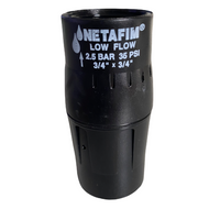 Netafim PRV075LF35V2K 3/4-inch low-flow inline pressure regulator, female threaded inlet and outlet, black plastic body with serviceable module.