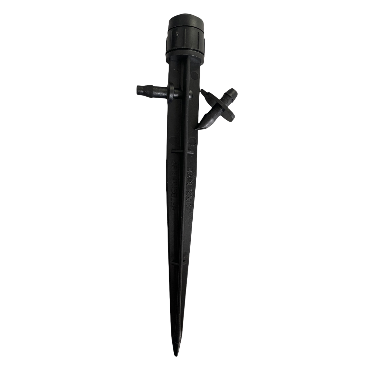 Rain Bird SXB360SPYK Xeri-Bubbler mounted on a 5-inch spike, showing eight full-circle outlets and included barb coupler.