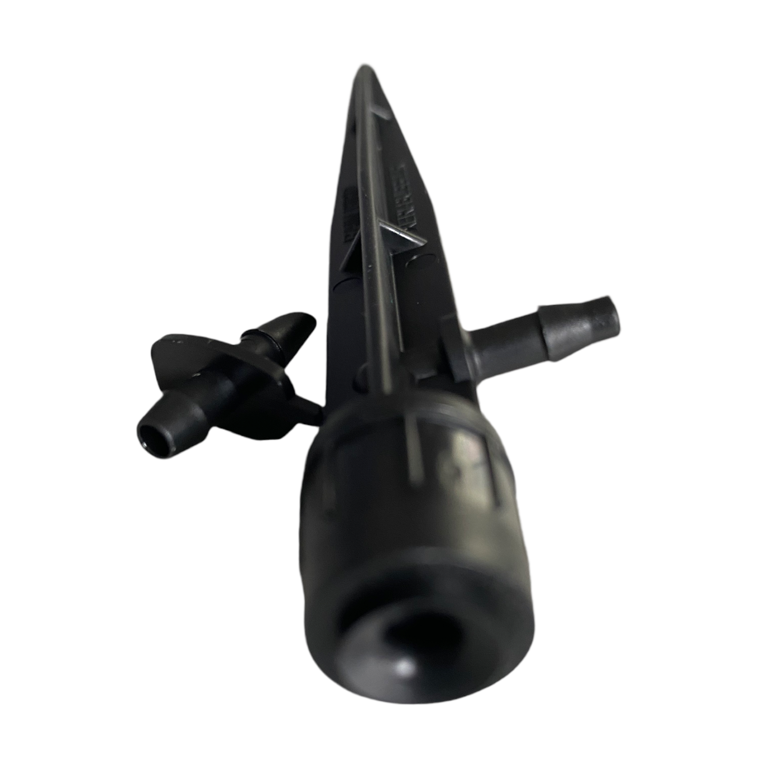 Side view of Rain Bird SXB360SPYK Xeri-Bubbler on its 5" spike, highlighting spike length and 1/4" barb outlet.
