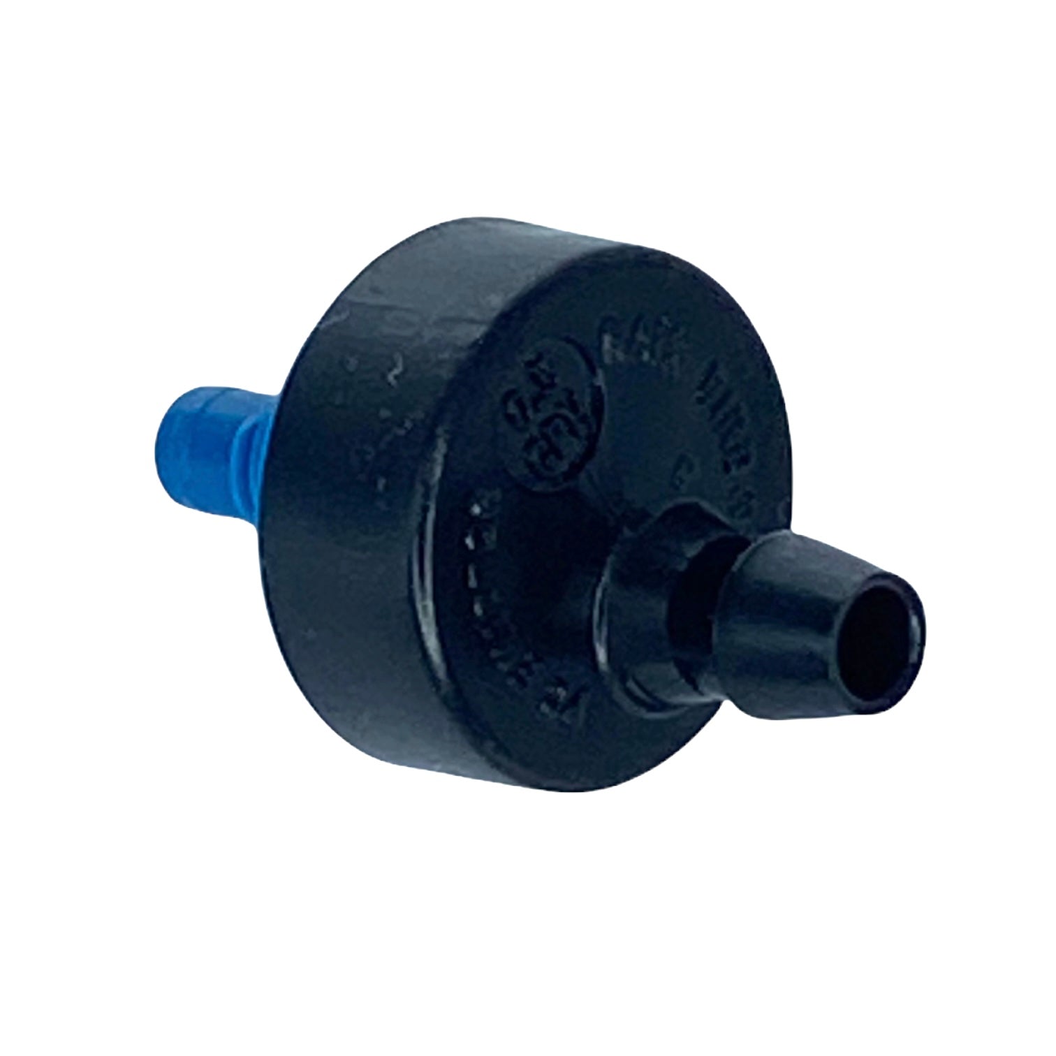 Rain Bird XB05PC1032 Xeri-Bug emitter side view, blue pressure-compensating unit with visible outlet barb and compact profile for planting beds