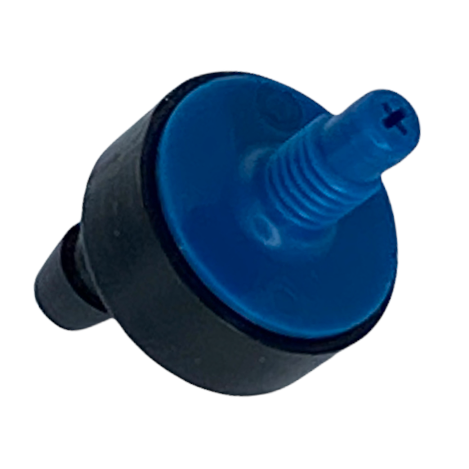 Rain Bird XB05PC1032 Xeri-Bug 0.5 GPH threaded emitter close-up, blue plastic body showing 10-32 threaded inlet and 1/4" outlet barb