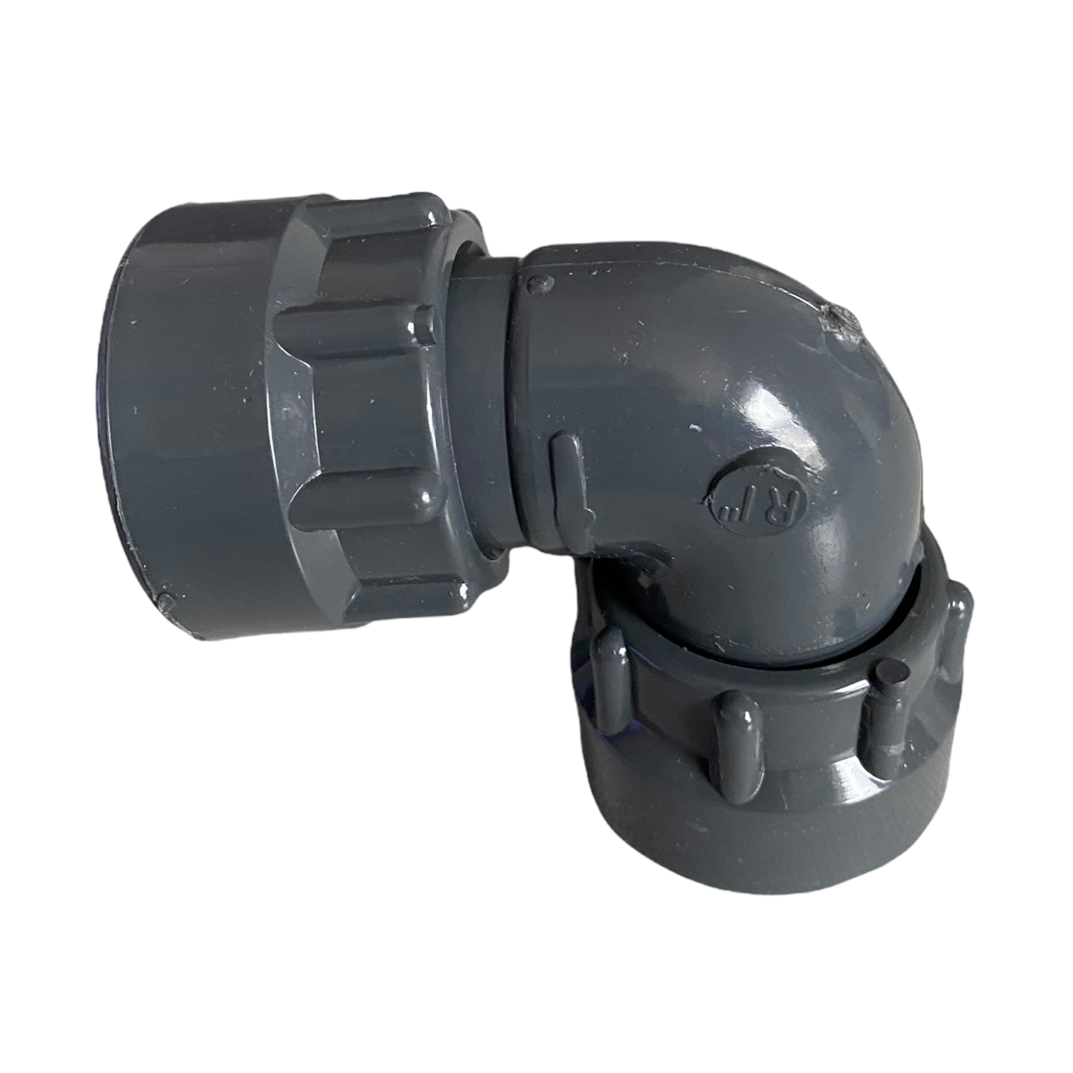 Side view close-up of DURA 306-010 1-inch O-ring elbow, highlighting the swivel coupling, smooth gray Sch 40 surface, and compact elbow profile.